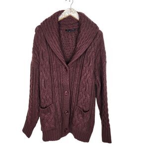 SKULL CASHMERE Sweater Womens Medium Maroon Chunky Knit Shawl‎ Grandpa Cardigan